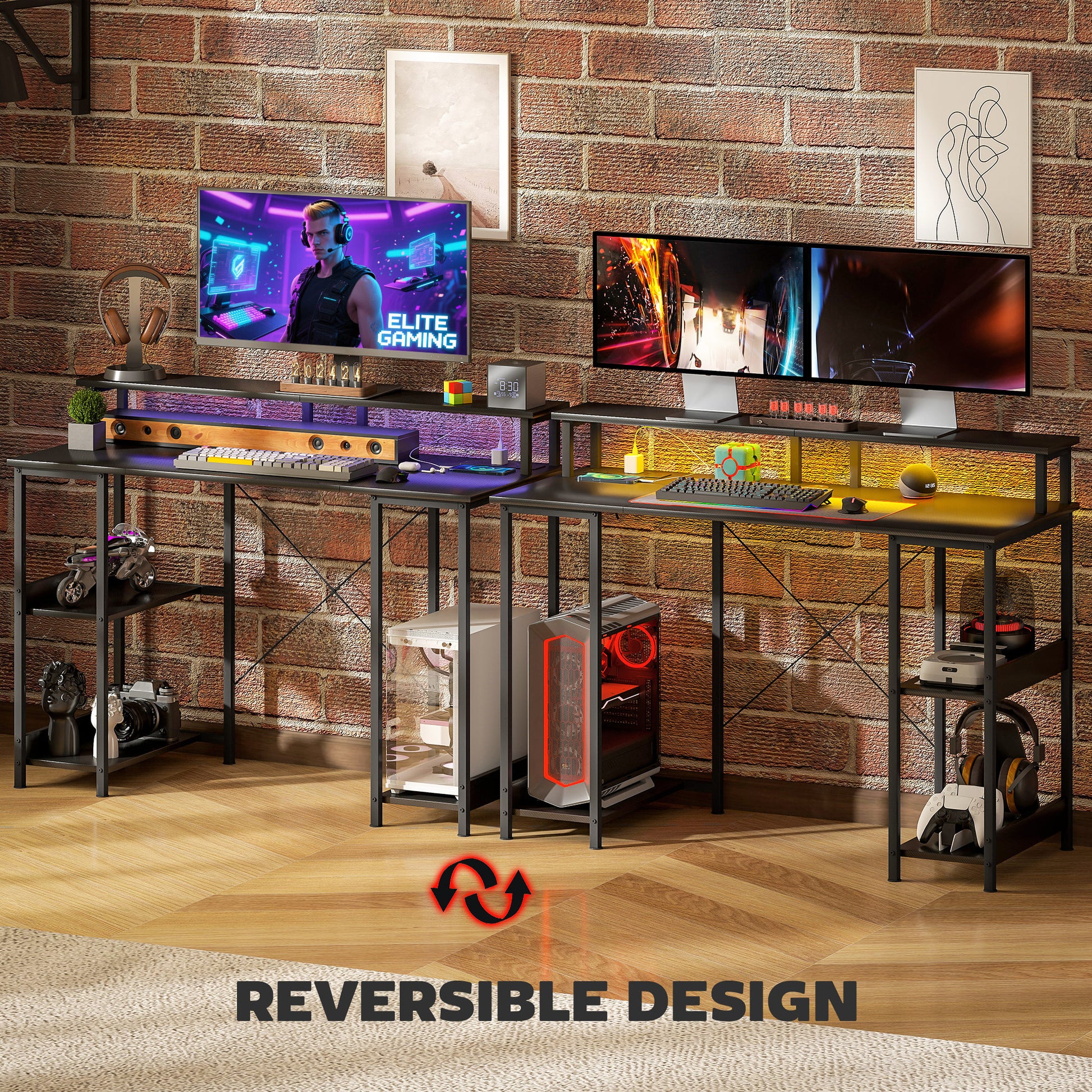 LED Computer Desk with Power Outlets Shelves Carbon Fibre - HOMCOM image 6