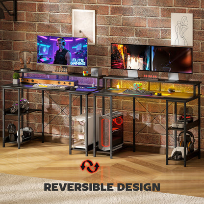 LED Computer Desk with Power Outlets Shelves Carbon Fibre - HOMCOM image 6