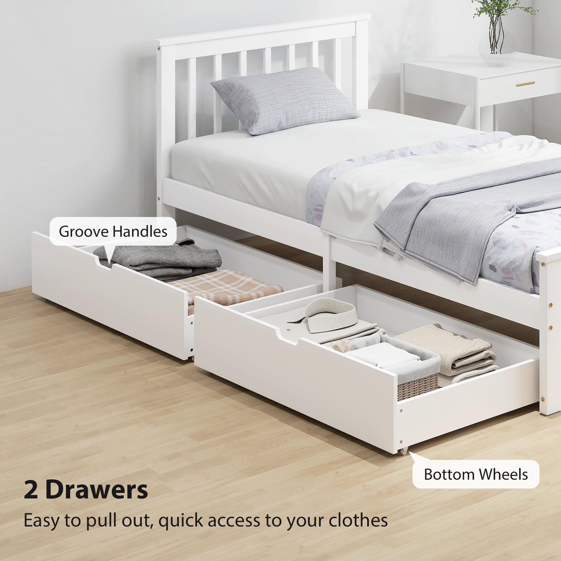 Wooden Single Bed Frame Drawers White - Homcom image 5