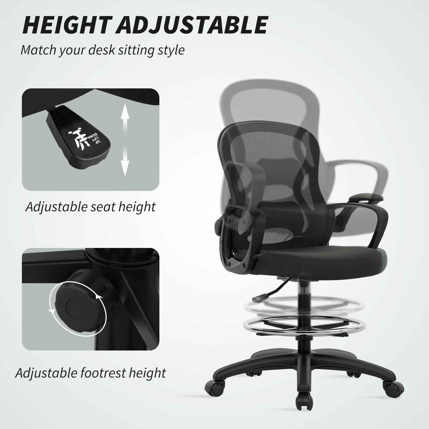 Drafting Chair with Adjustable Footrest Black - Vinsetto image 3