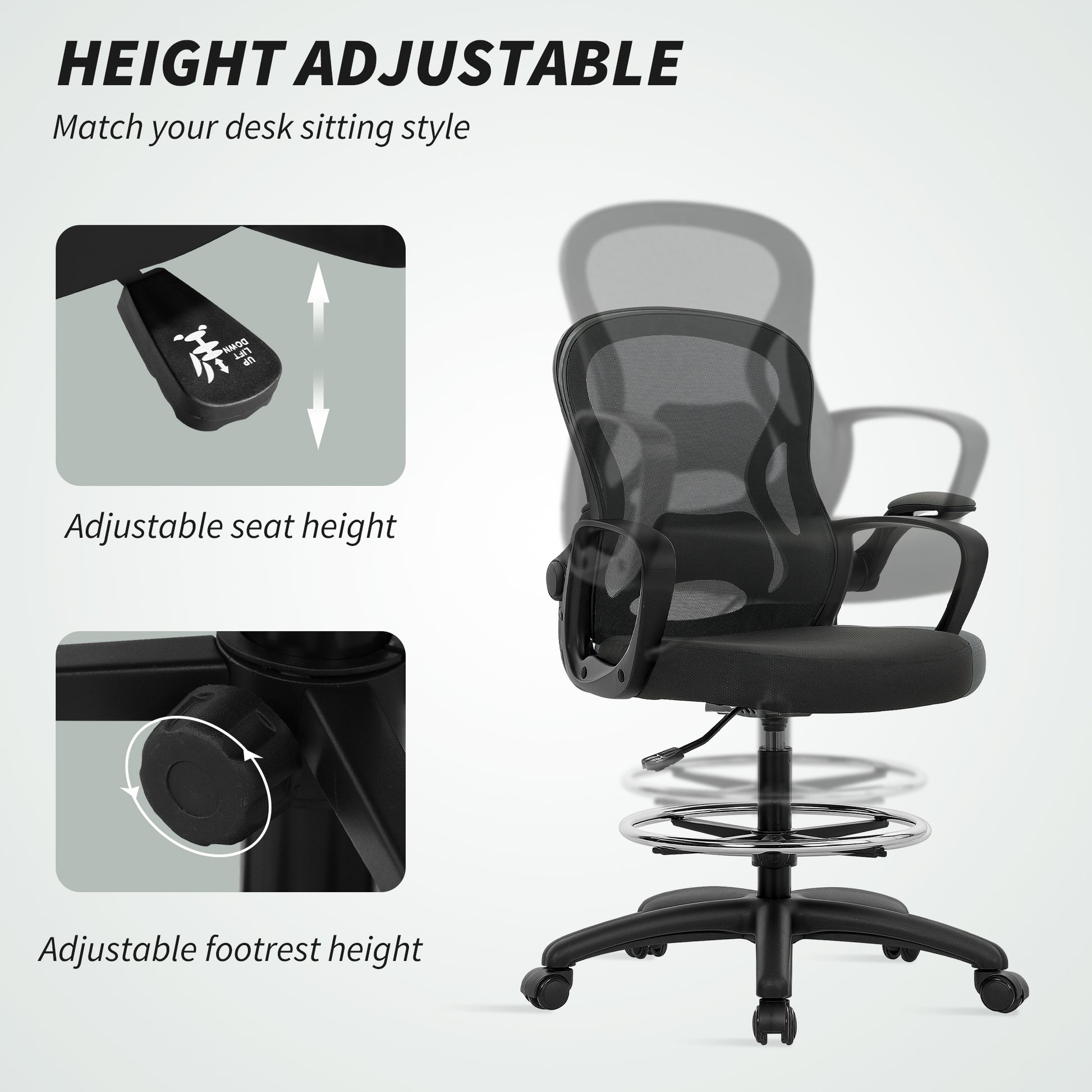 Drafting Chair with Adjustable Footrest Black - Vinsetto image 3