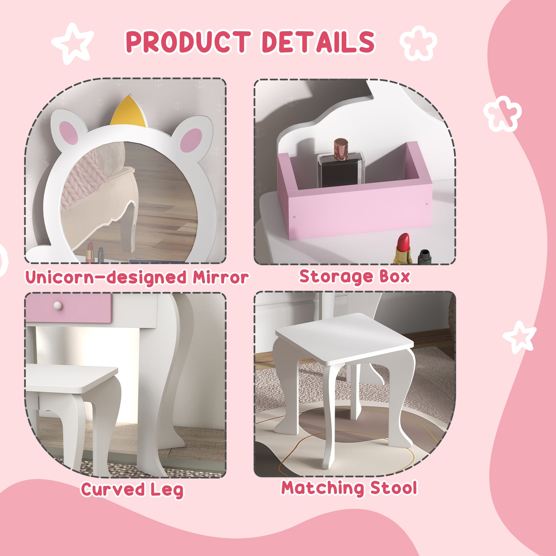 UnicornDesign Kids Dressing Table Mirror Stool White - Zonekiz image 5