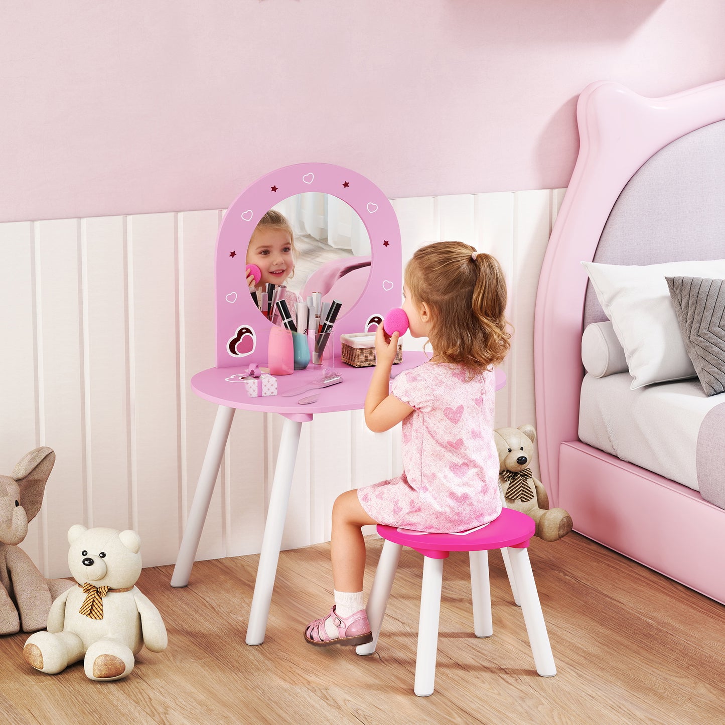 Kids Dressing Table Mirror Stool Ages 3-6 Years Pink - Aiyaplay image 1