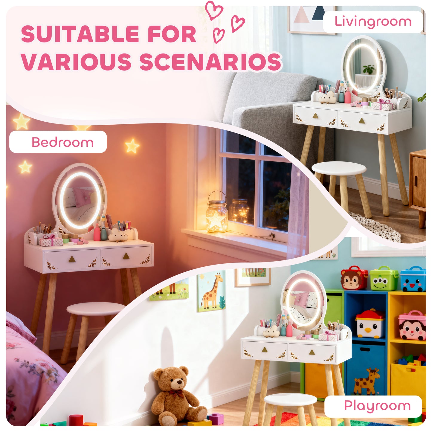 Kids Vanity Table Chair Set 3 Colour LED Lights Mirror 3 - Aiyaplay image 7