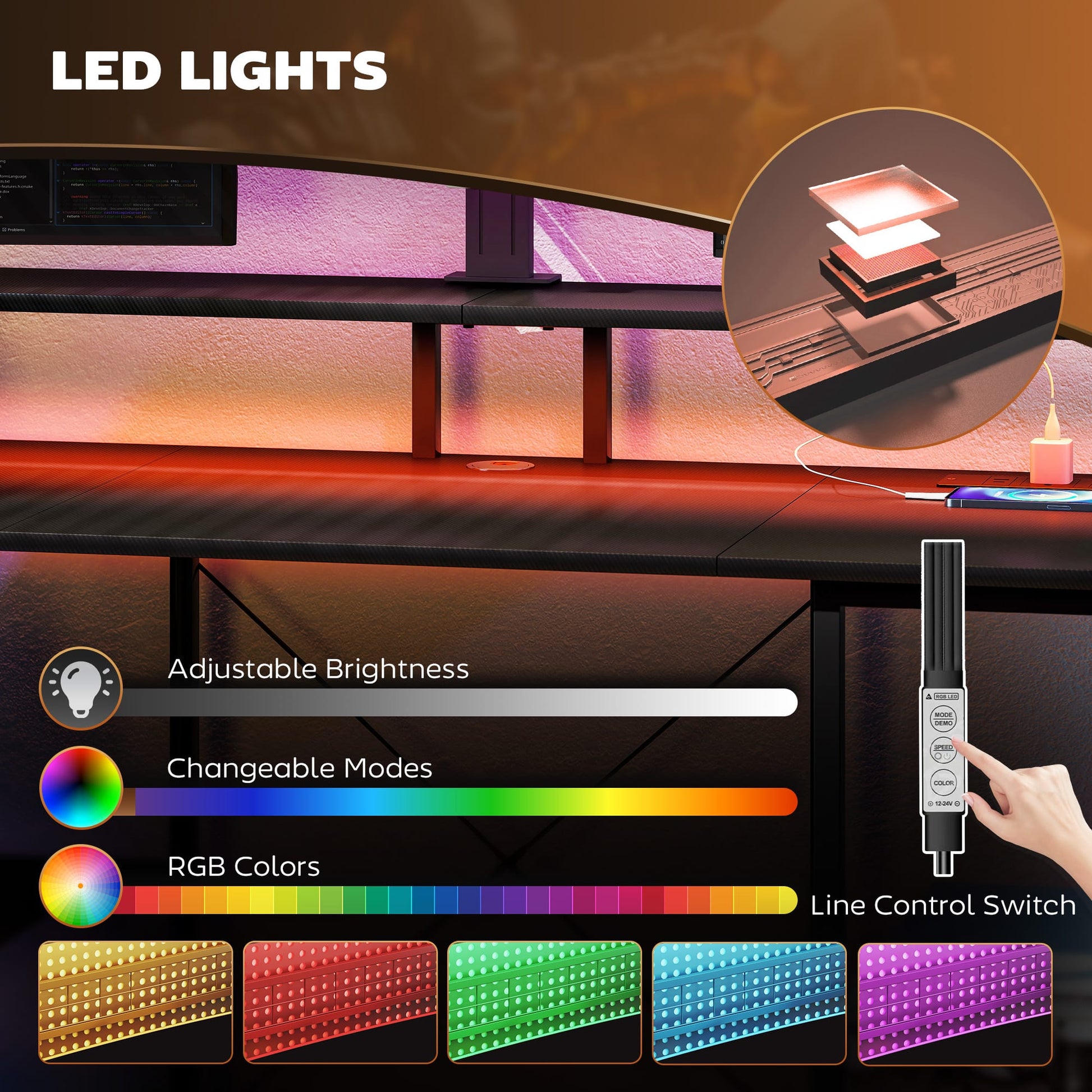 LED Computer Desk with Power Outlets Shelves Carbon Fibre - HOMCOM image 4