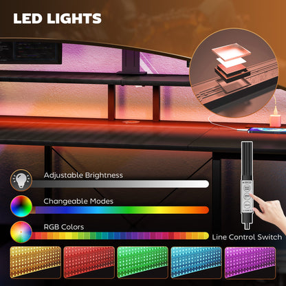 LED Computer Desk with Power Outlets Shelves Carbon Fibre - HOMCOM image 4