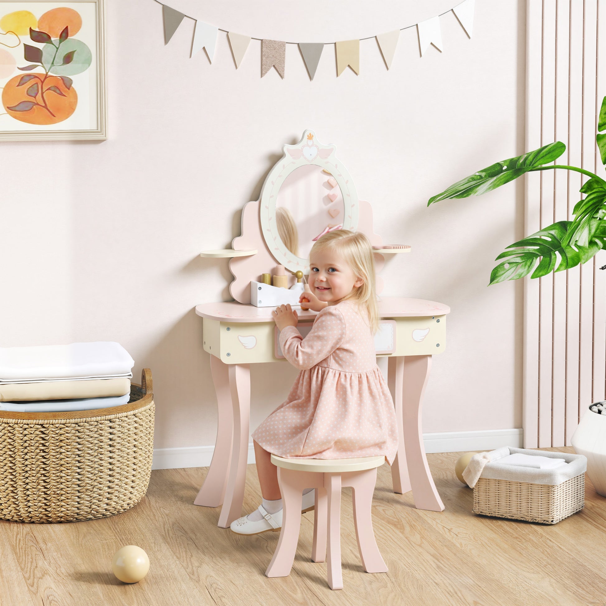 Girls Vanity Set Mirror Stool 7 Play Accessories Pink - Aiyaplay image 1