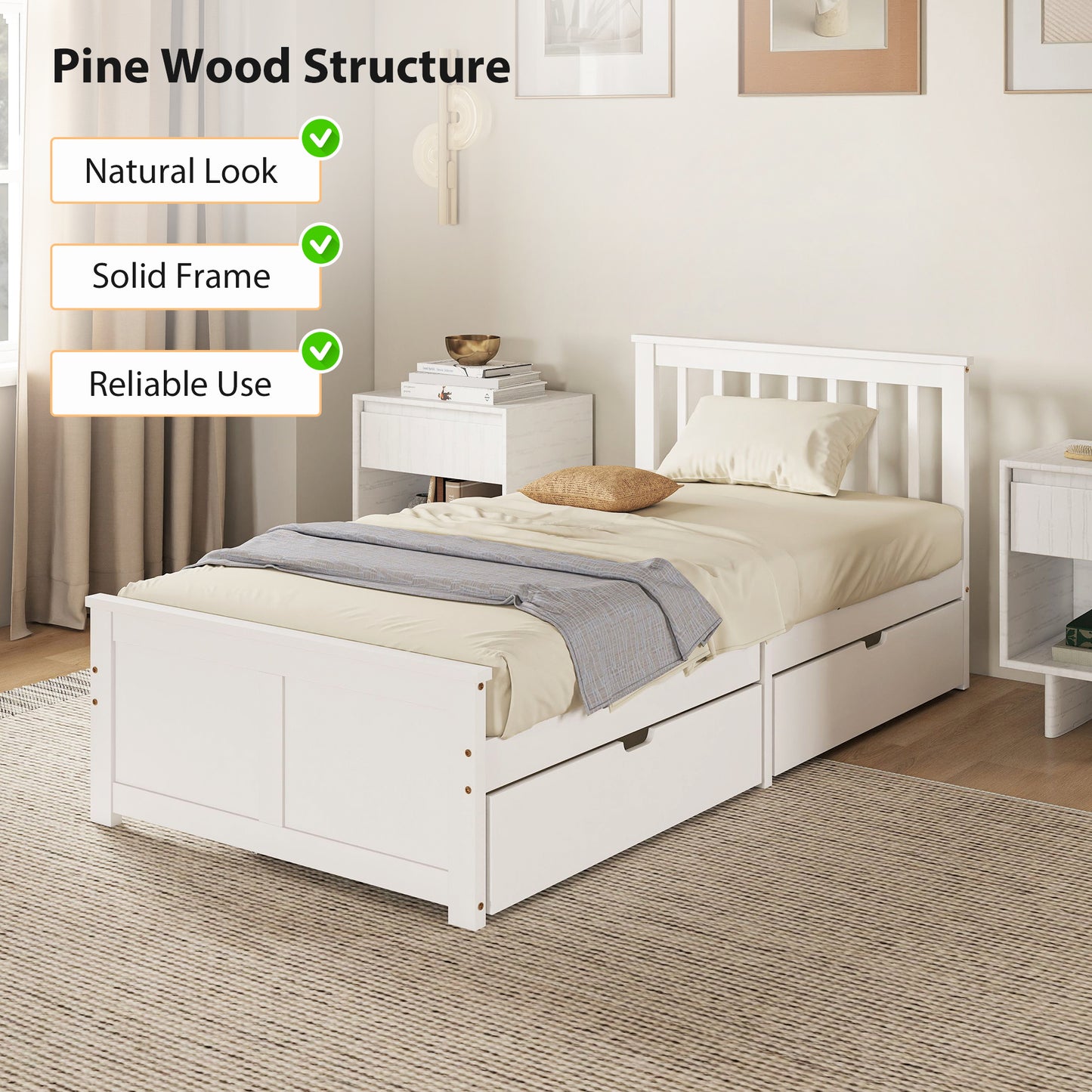 Wooden Single Bed Frame Drawers White - Homcom image 3