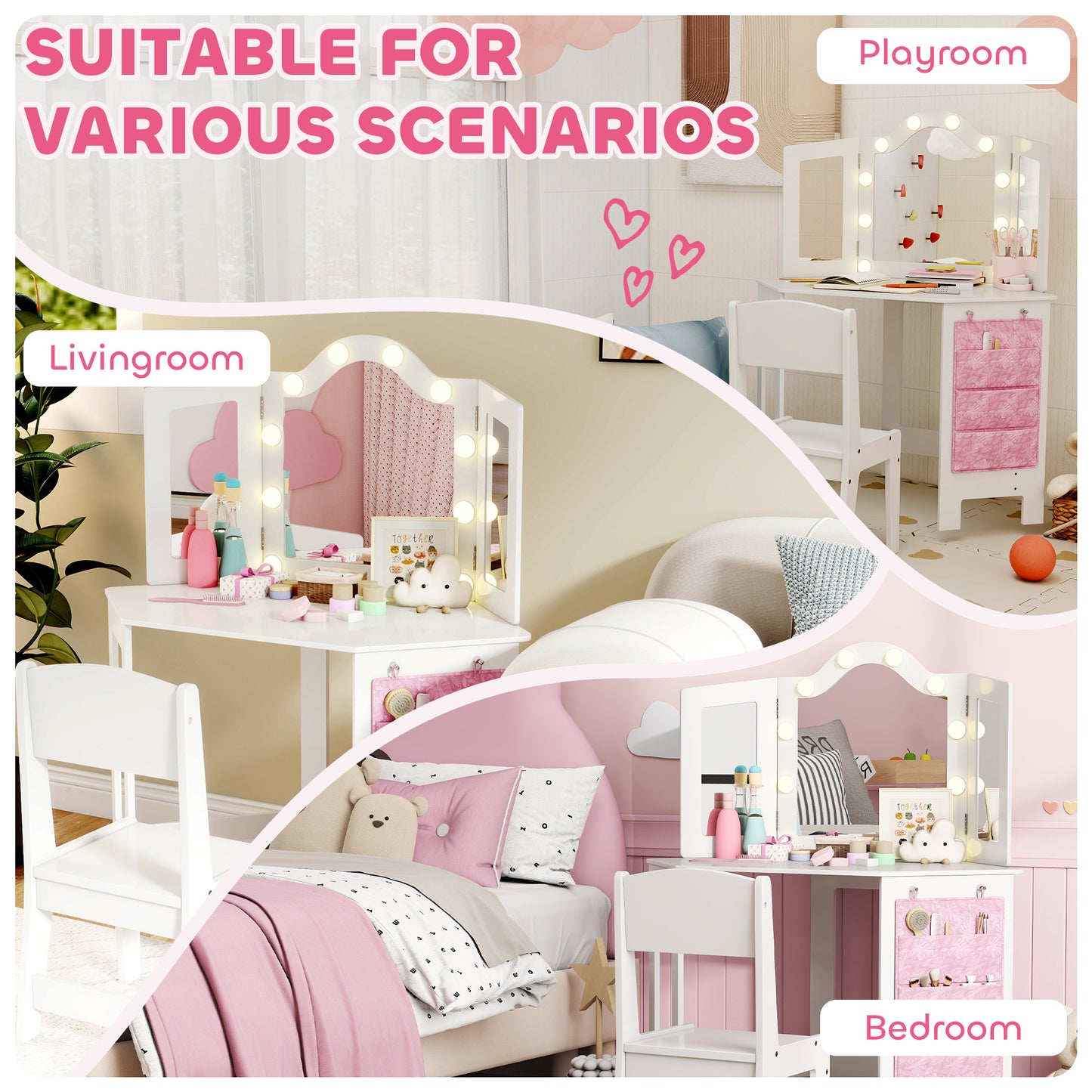 Kids Dressing Table Stool Set Tri-Folding Mirror White - Aiyaplay image 7