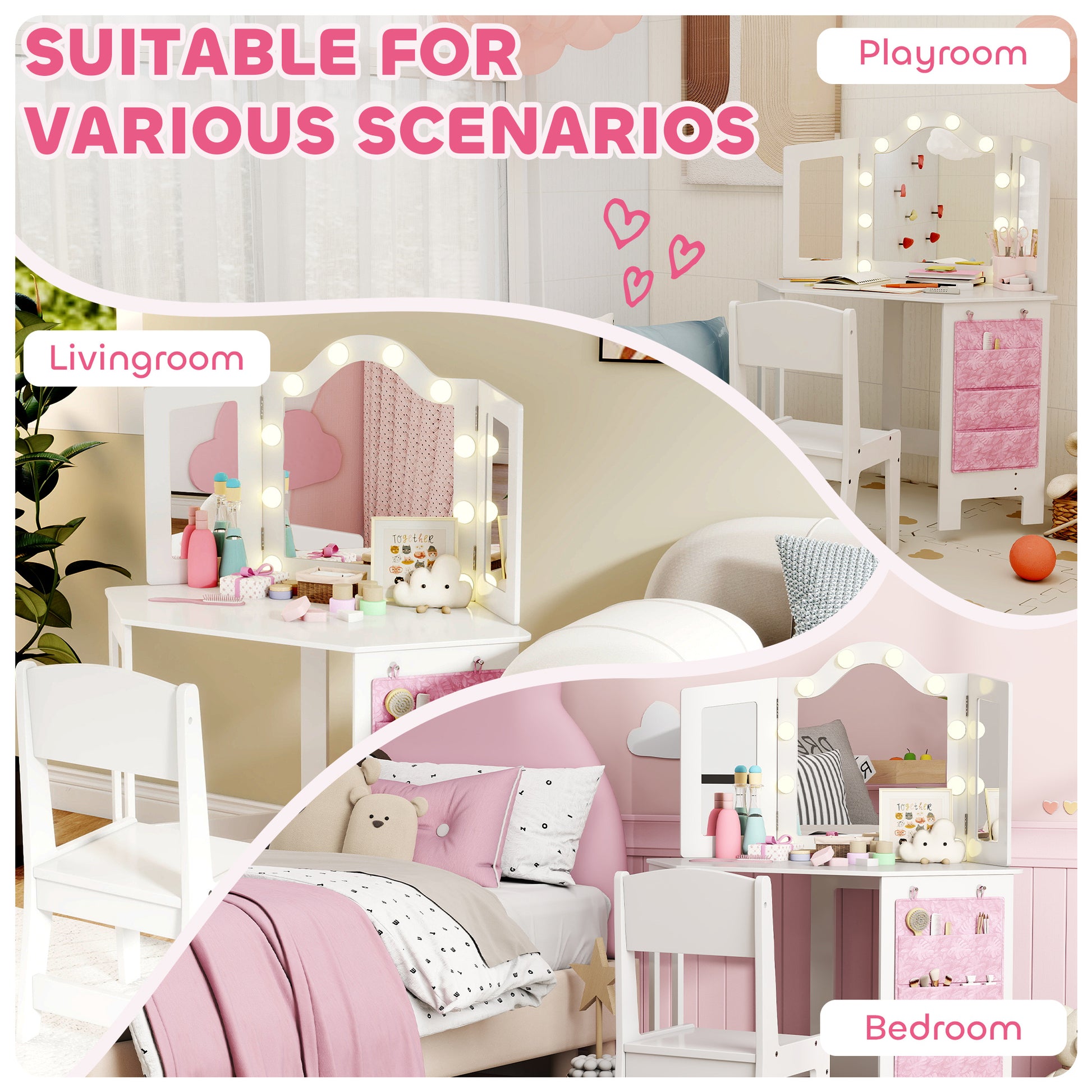 Kids Dressing Table Stool Set Tri-Folding Mirror White - Aiyaplay image 7