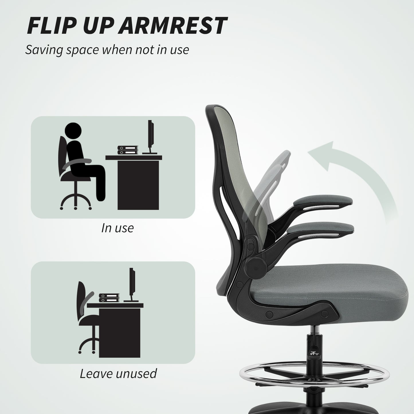 Draughtsman Chair with Flip up Armrests Charcoal Grey - Vinsetto image 6