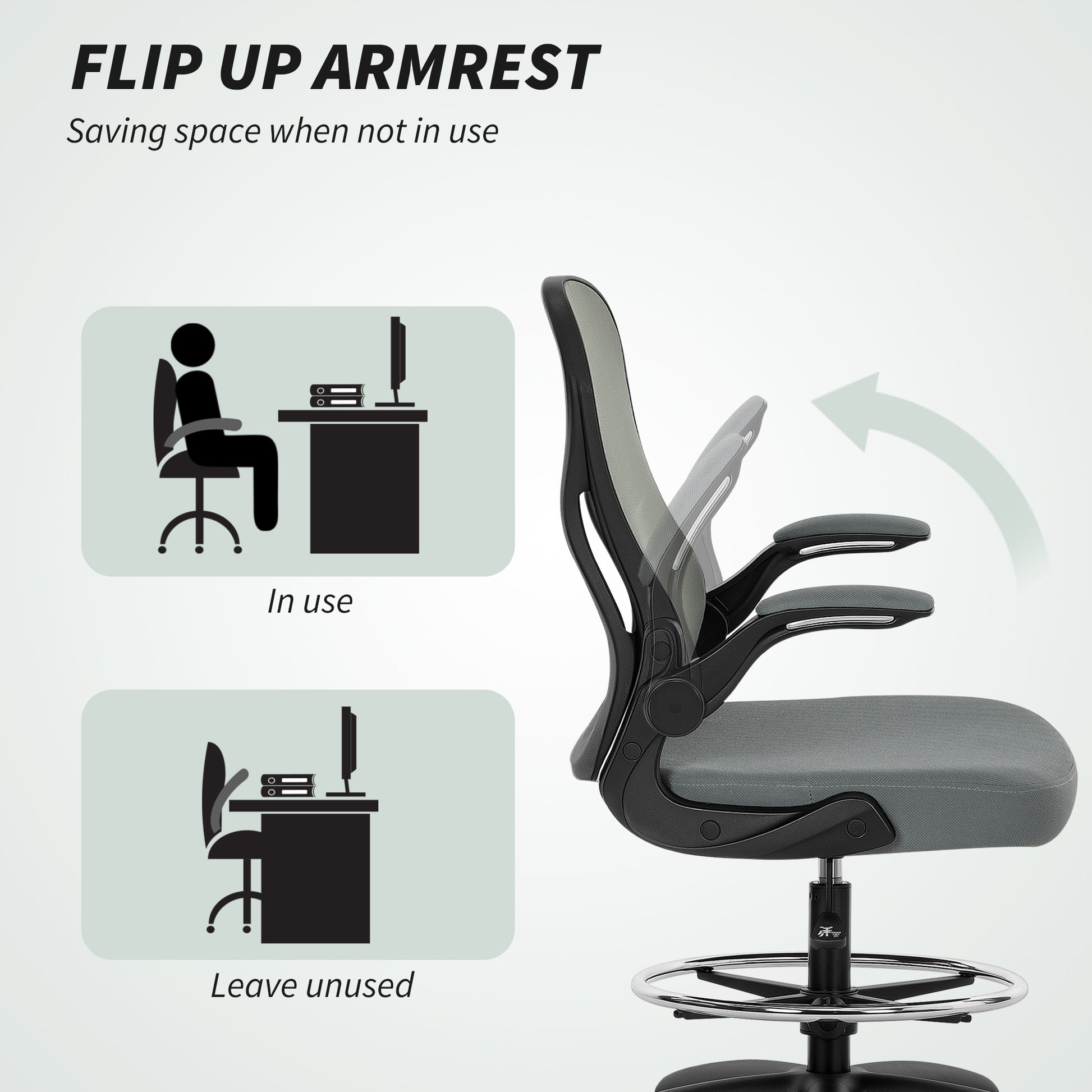 Draughtsman Chair with Flip up Armrests Charcoal Grey - Vinsetto image 6
