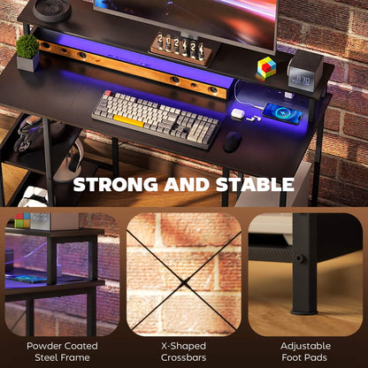 LED Computer Desk with Power Outlets Shelves Carbon Fibre - HOMCOM image 8