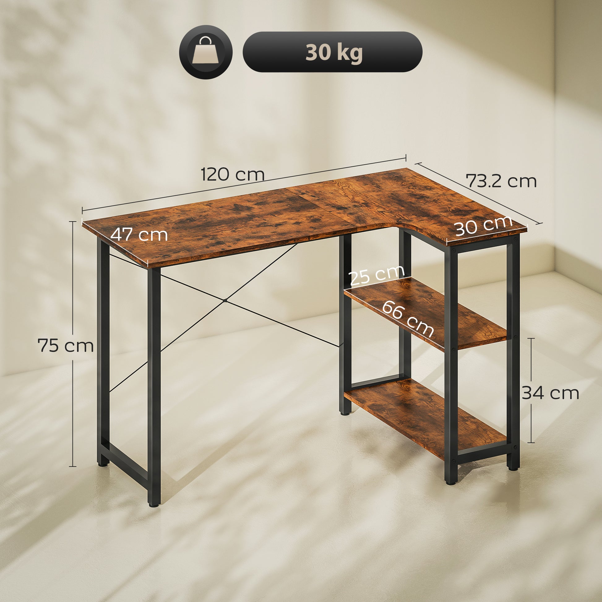 L Shaped Corner Computer Desk with Bookshelf, 120 x 73.2 x 75cm - Rustic Brown - HOMCOM image 2