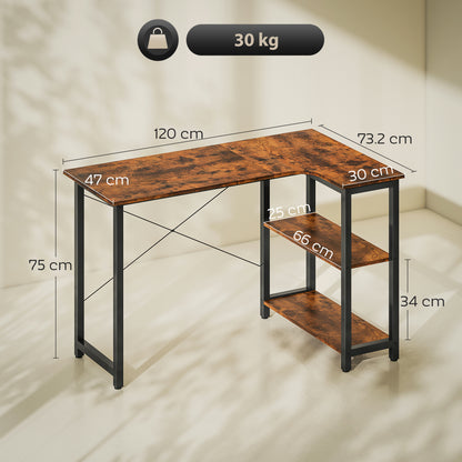 L Shaped Corner Computer Desk with Bookshelf, 120 x 73.2 x 75cm - Rustic Brown - HOMCOM image 2