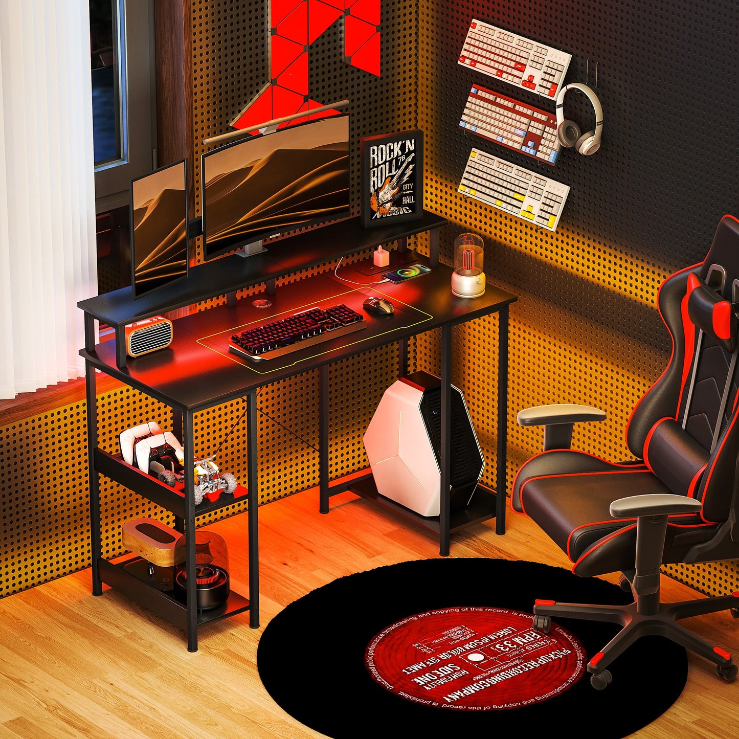 LED Computer Desk with Power Outlets Shelves Carbon Fibre - HOMCOM image 1