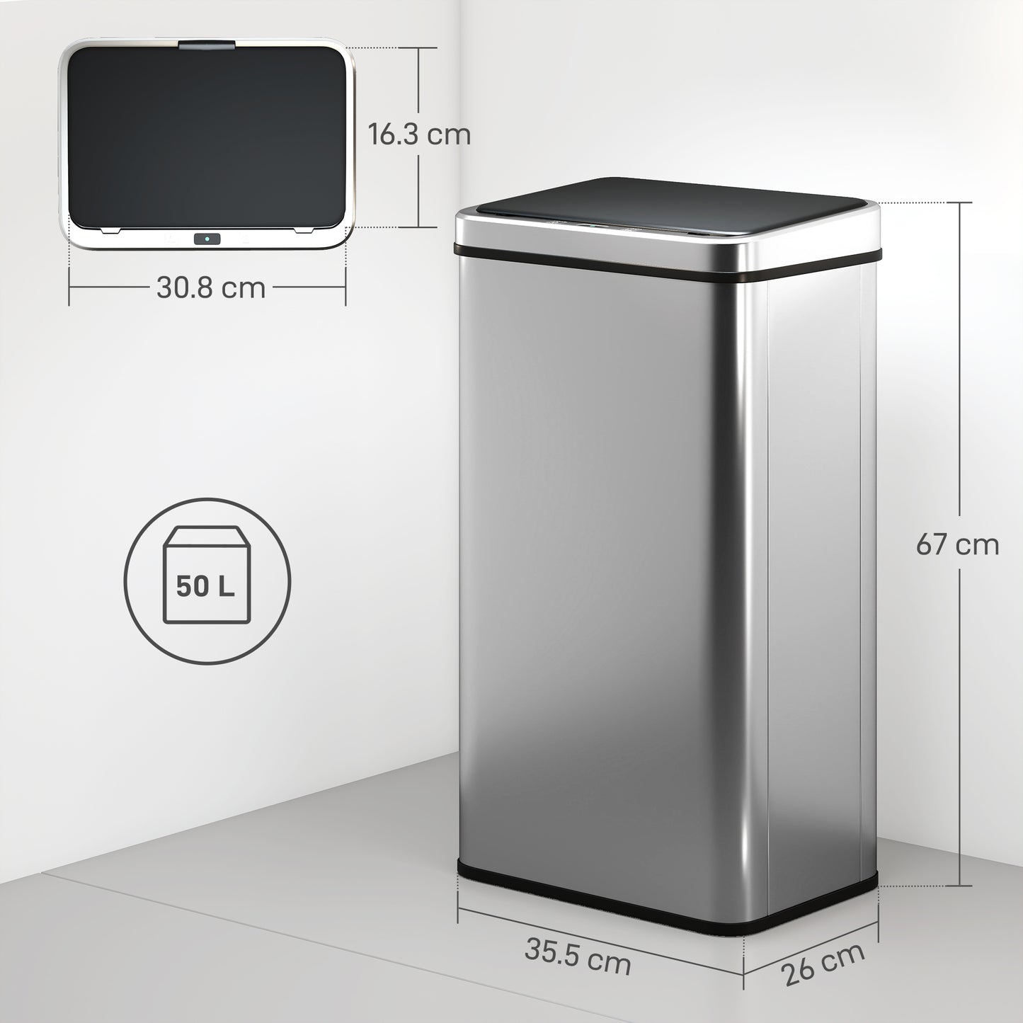 50L Sensor Bin with Quiet Soft-Close Lid - Silver Tone - HOMCOM image 2