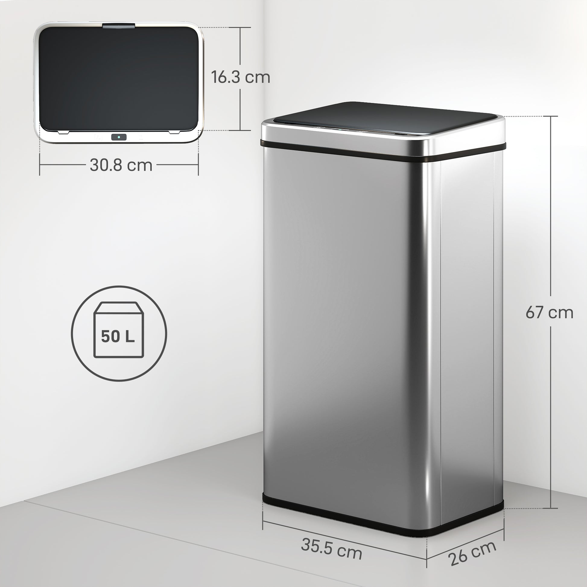 50L Sensor Bin with Quiet Soft-Close Lid - Silver Tone - HOMCOM image 2