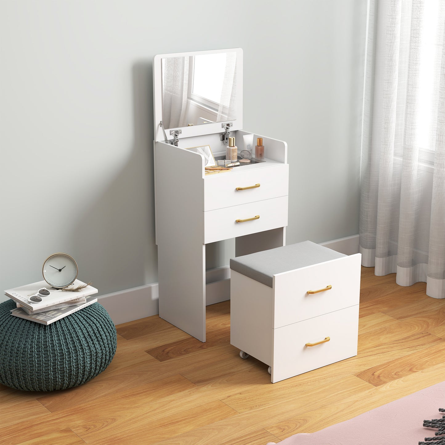 3 in 1 Dressing Table Fliptop Mirror Rolling Stool White - Homcom image 1