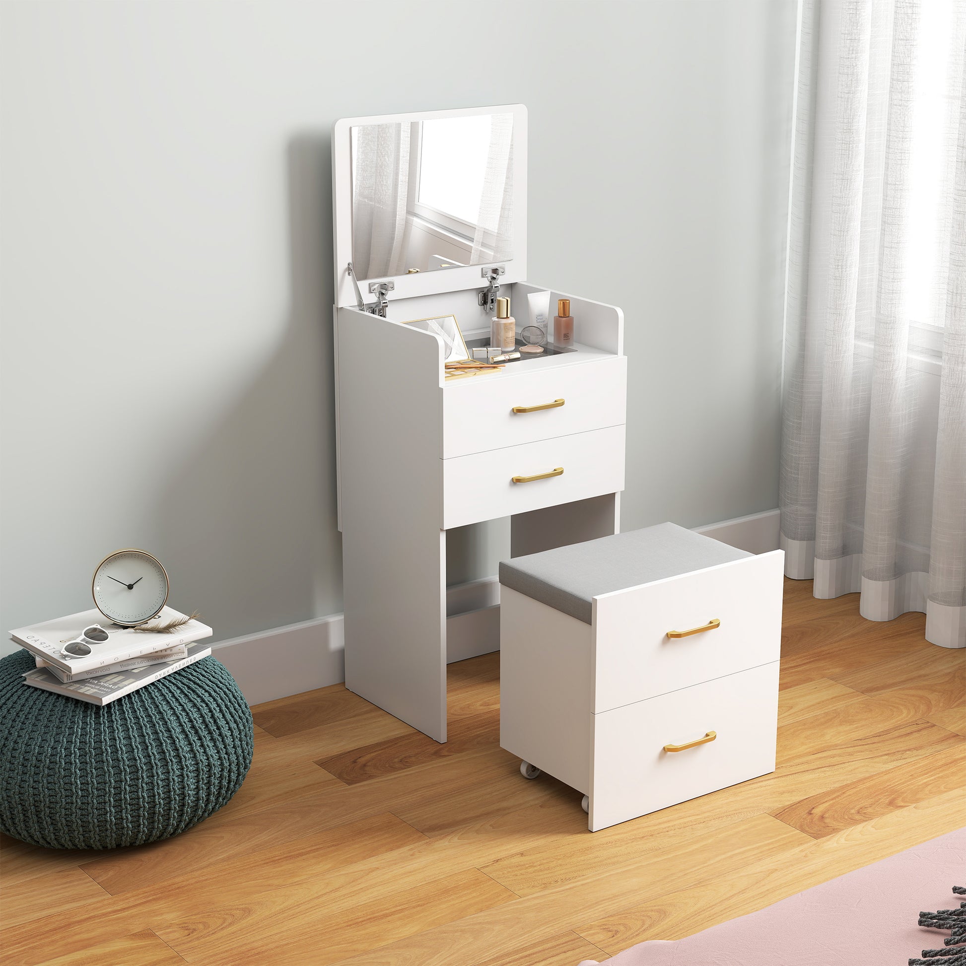 3 in 1 Dressing Table Fliptop Mirror Rolling Stool White - Homcom image 1