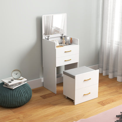 3 in 1 Dressing Table Fliptop Mirror Rolling Stool White - Homcom image 1