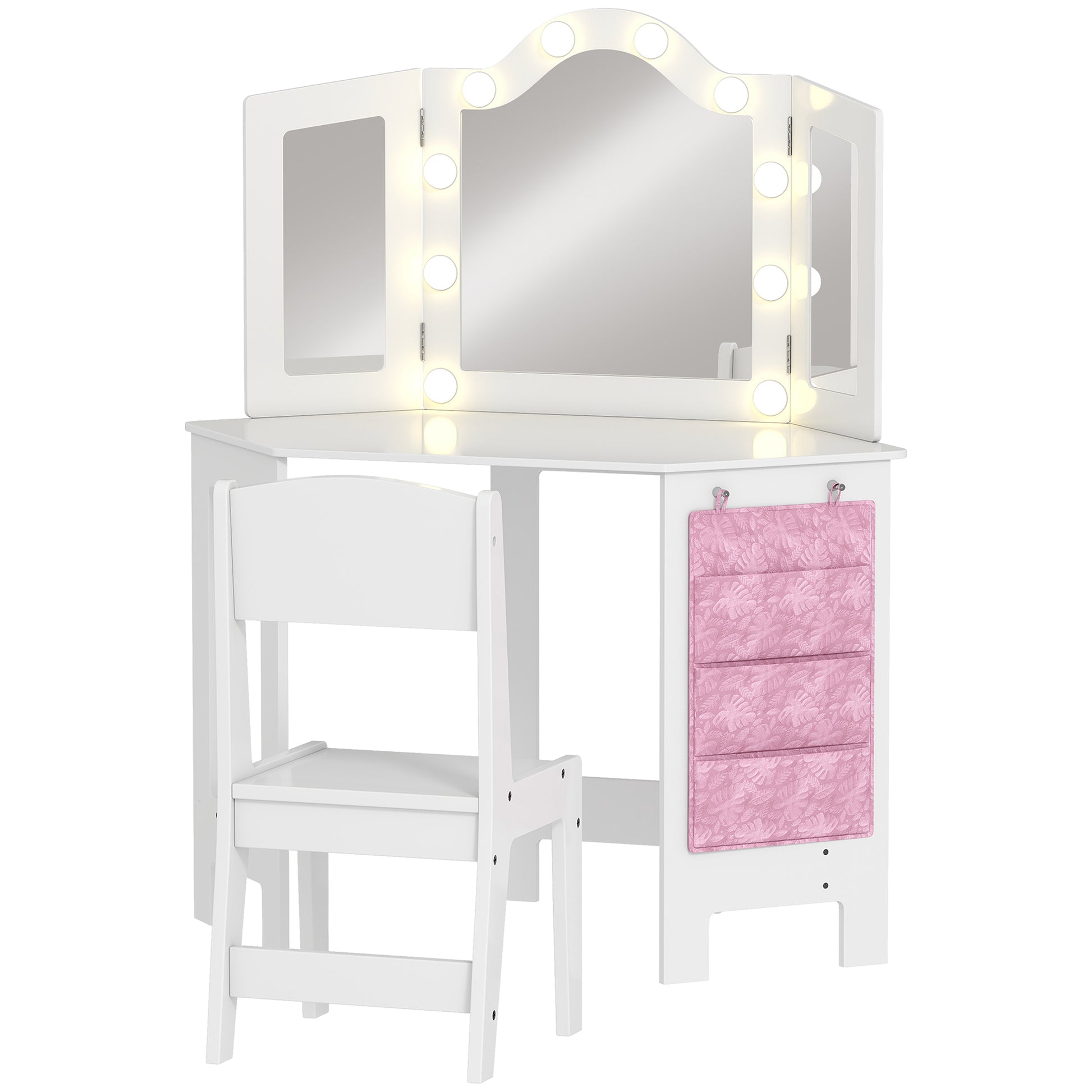 Kids Dressing Table Stool Set Tri-Folding Mirror White - Aiyaplay image 0