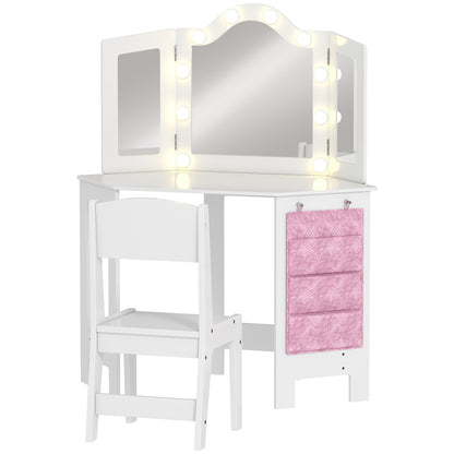 Kids Dressing Table Stool Set Tri-Folding Mirror White - Aiyaplay image 0