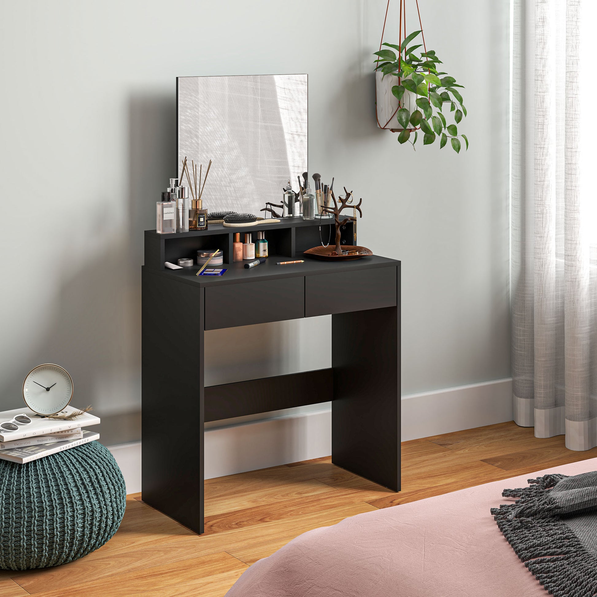 Multi Storage Dressing Table Mirror Black - Homcom image 1
