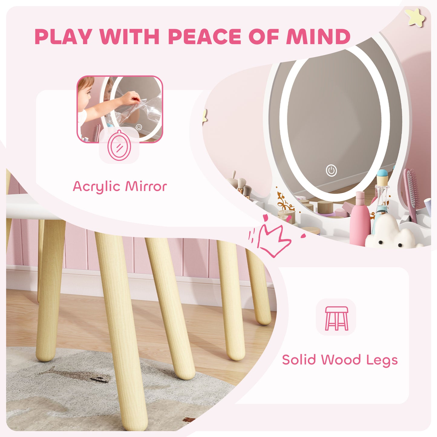 Kids Vanity Table Chair Set 3 Colour LED Lights Mirror 3 - Aiyaplay image 6