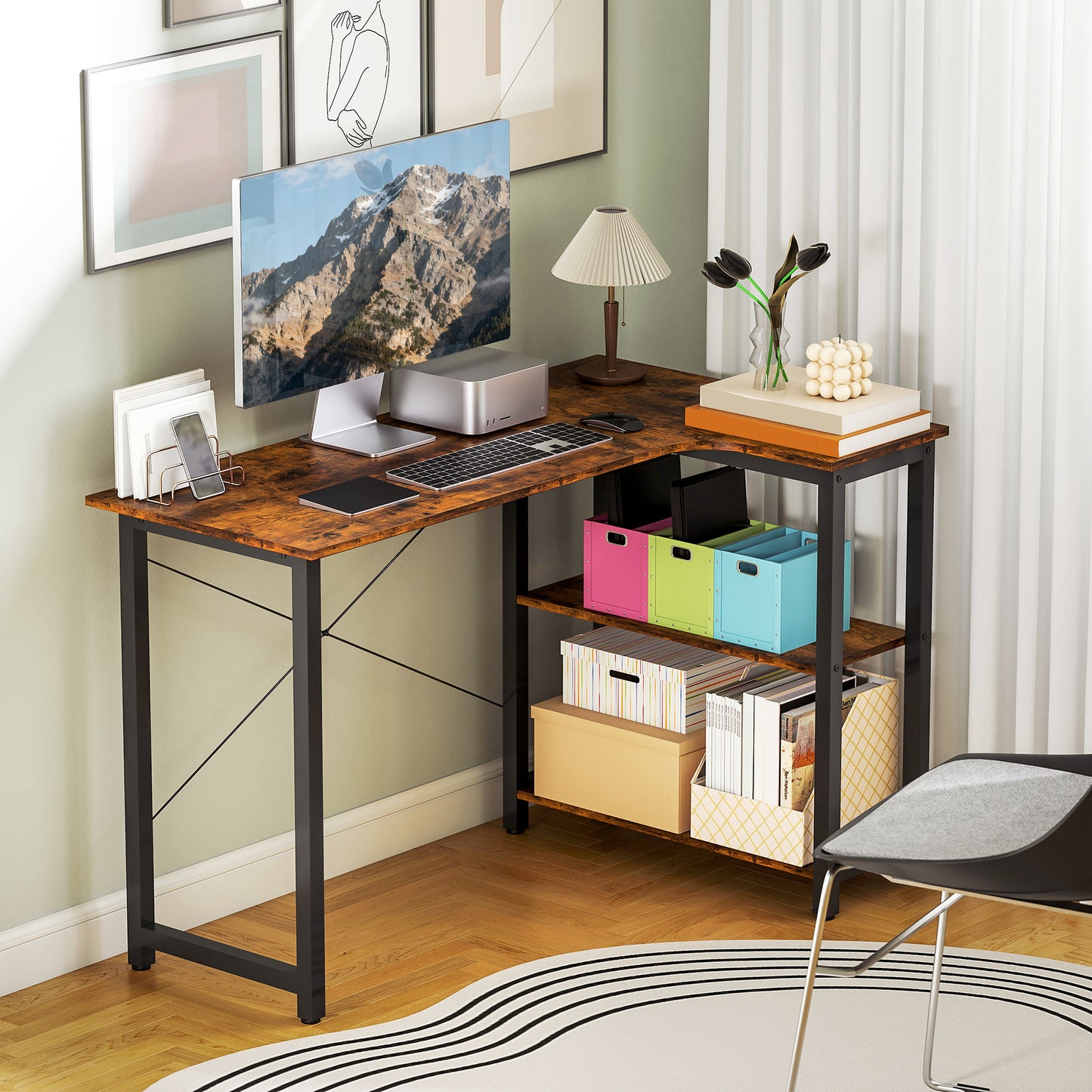 L Shaped Corner Computer Desk with Bookshelf, 120 x 73.2 x 75cm - Rustic Brown - HOMCOM image 8