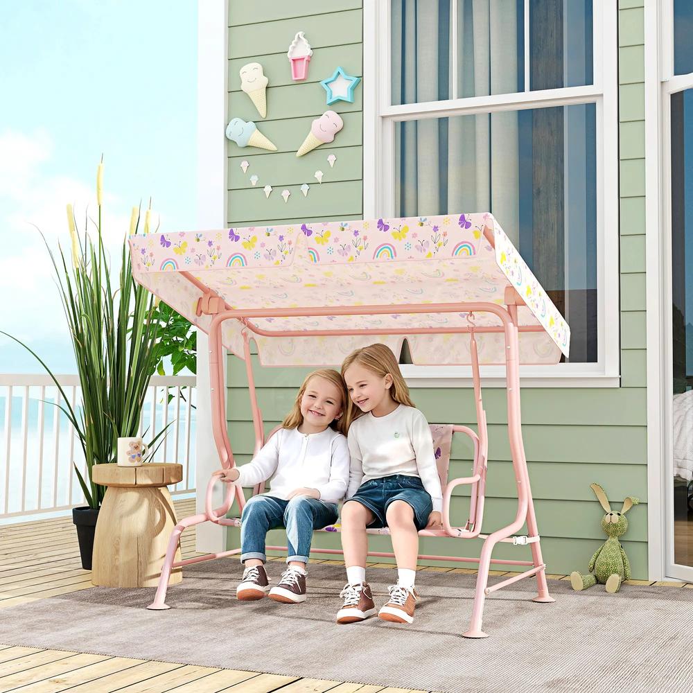 AIYAPLAY Kids Garden Swing Chair with Adjustable Canopy, Safety Belt, 2 Seater Hammock Swing Bench for Patio, Porch 1