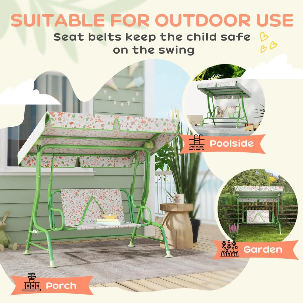 AIYAPLAY Kids Garden Swing Chair with Adjustable Canopy, Safety Belt, 2 Seater Hammock Swing Bench for Patio, Porch 16