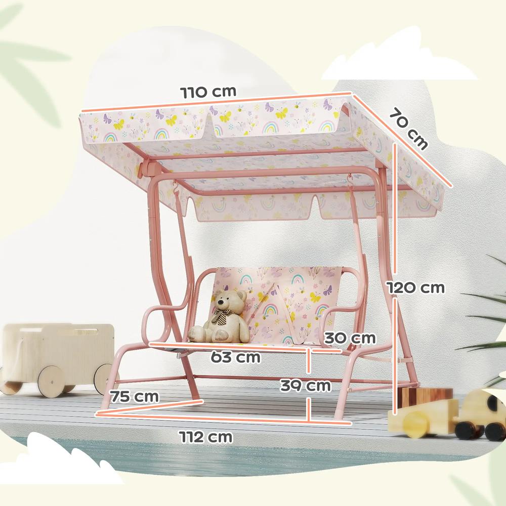 AIYAPLAY Kids Garden Swing Chair with Adjustable Canopy, Safety Belt, 2 Seater Hammock Swing Bench for Patio, Porch 2