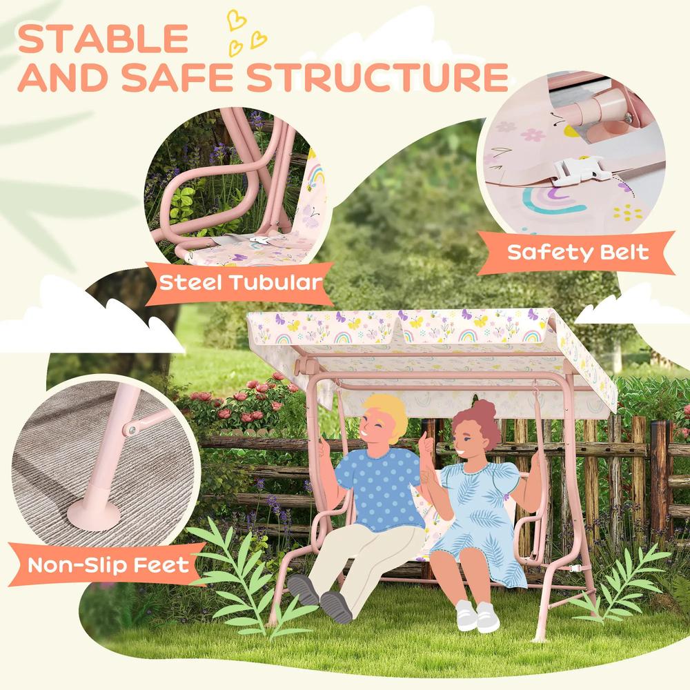 AIYAPLAY Kids Garden Swing Chair with Adjustable Canopy, Safety Belt, 2 Seater Hammock Swing Bench for Patio, Porch 3