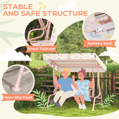 AIYAPLAY Kids Garden Swing Chair with Adjustable Canopy, Safety Belt, 2 Seater Hammock Swing Bench for Patio, Porch 3
