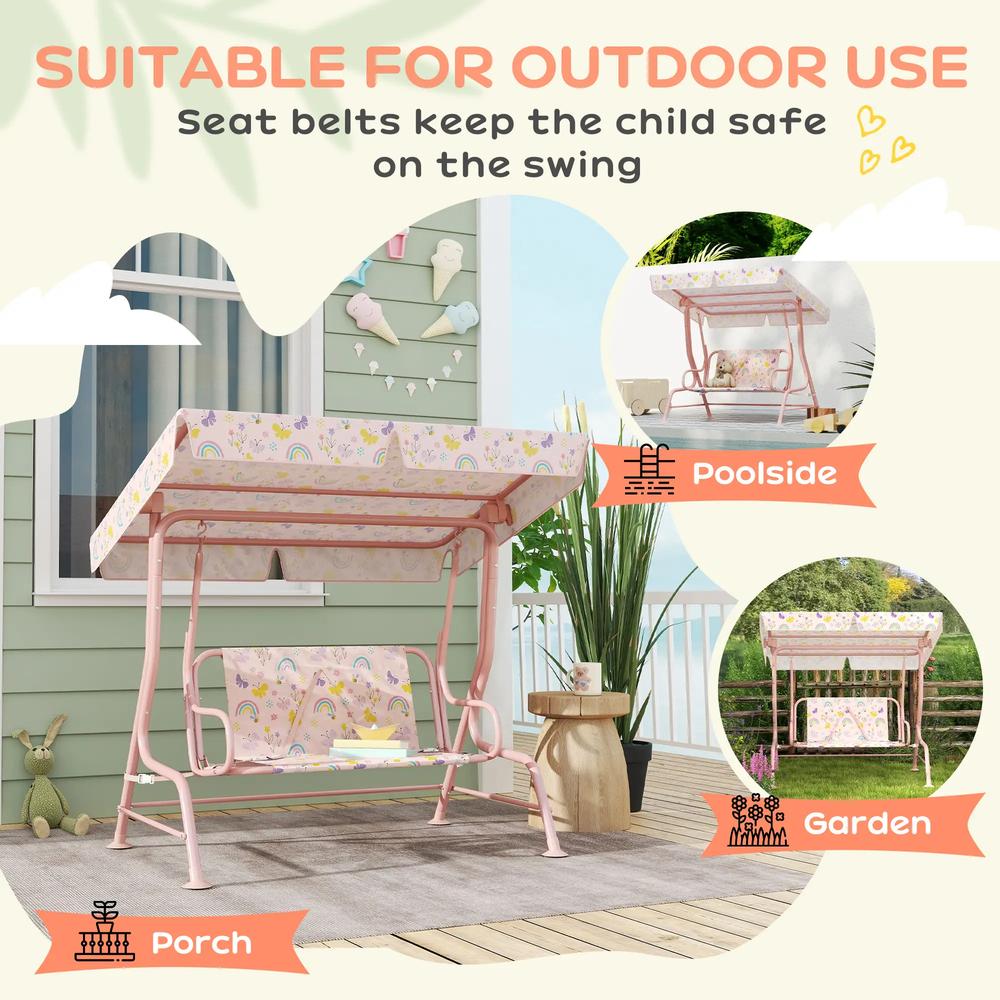 AIYAPLAY Kids Garden Swing Chair with Adjustable Canopy, Safety Belt, 2 Seater Hammock Swing Bench for Patio, Porch 5