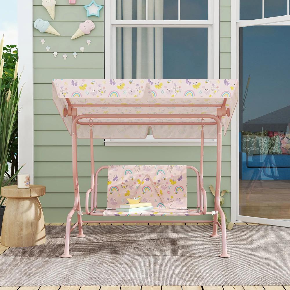AIYAPLAY Kids Garden Swing Chair with Adjustable Canopy, Safety Belt, 2 Seater Hammock Swing Bench for Patio, Porch 7