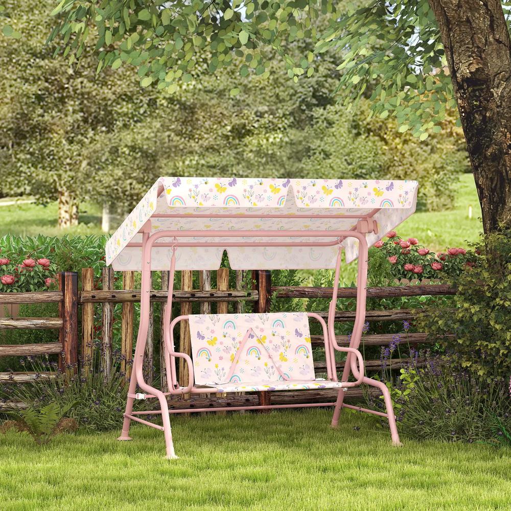 AIYAPLAY Kids Garden Swing Chair with Adjustable Canopy, Safety Belt, 2 Seater Hammock Swing Bench for Patio, Porch 9