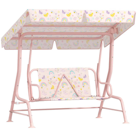 AIYAPLAY Kids Garden Swing Chair with Adjustable Canopy, Safety Belt, 2 Seater Hammock Swing Bench for Patio, Porch 
