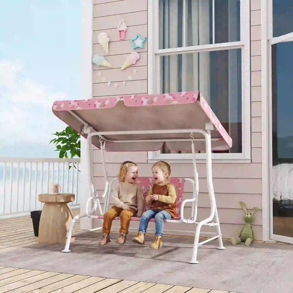 AIYAPLAY Kids Porch Swing, 2-Seater Patio Swing Bench Hammock with Seat Belts, Adjustable Canopy for Garden 2