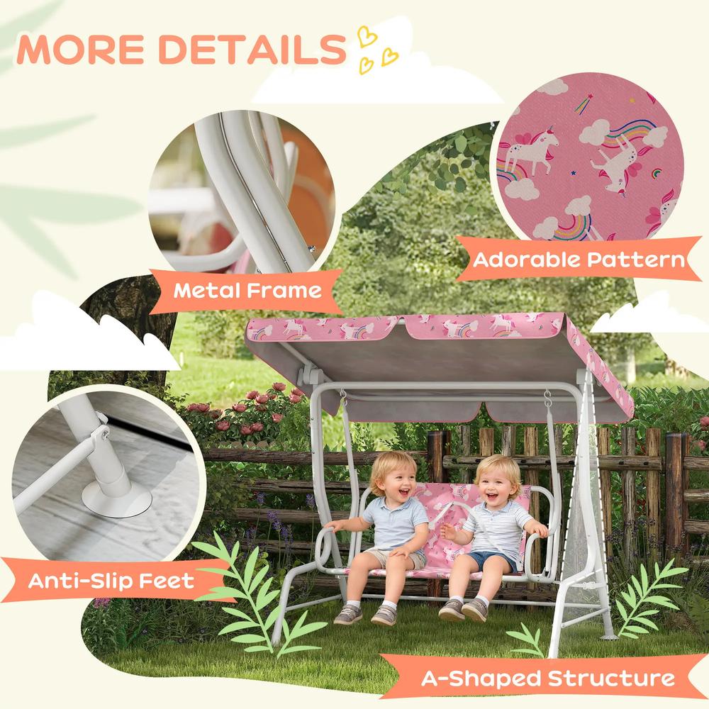 AIYAPLAY Kids Porch Swing, 2-Seater Patio Swing Bench Hammock with Seat Belts, Adjustable Canopy for Garden 6