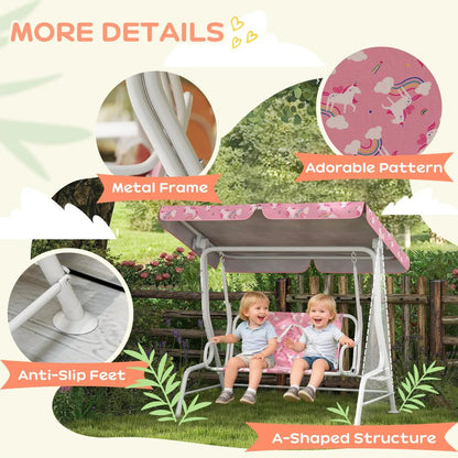 AIYAPLAY Kids Porch Swing, 2-Seater Patio Swing Bench Hammock with Seat Belts, Adjustable Canopy for Garden 6