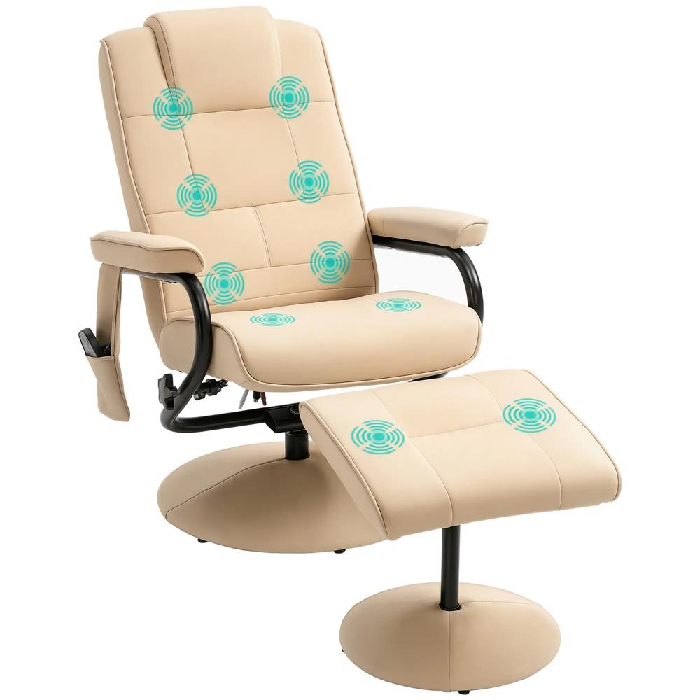 HOMCOM Swivel Recliner Chair and Footstool, Faux Leather Massage Recliner Armchair with Remote Control and Round Wrapped Base