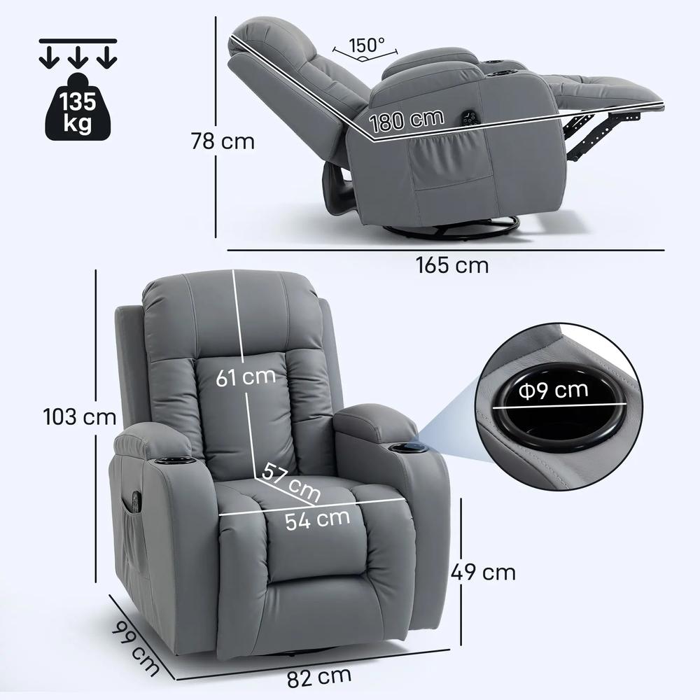 HOMCOM Massage Recliner Armchair, PU Leather Recliner Chair, Grey Additional View 3