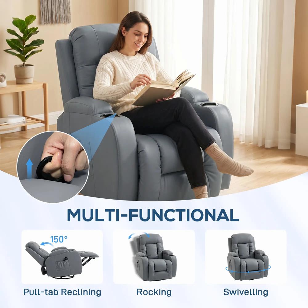 HOMCOM Massage Recliner Armchair, PU Leather Recliner Chair, Grey Additional View 5