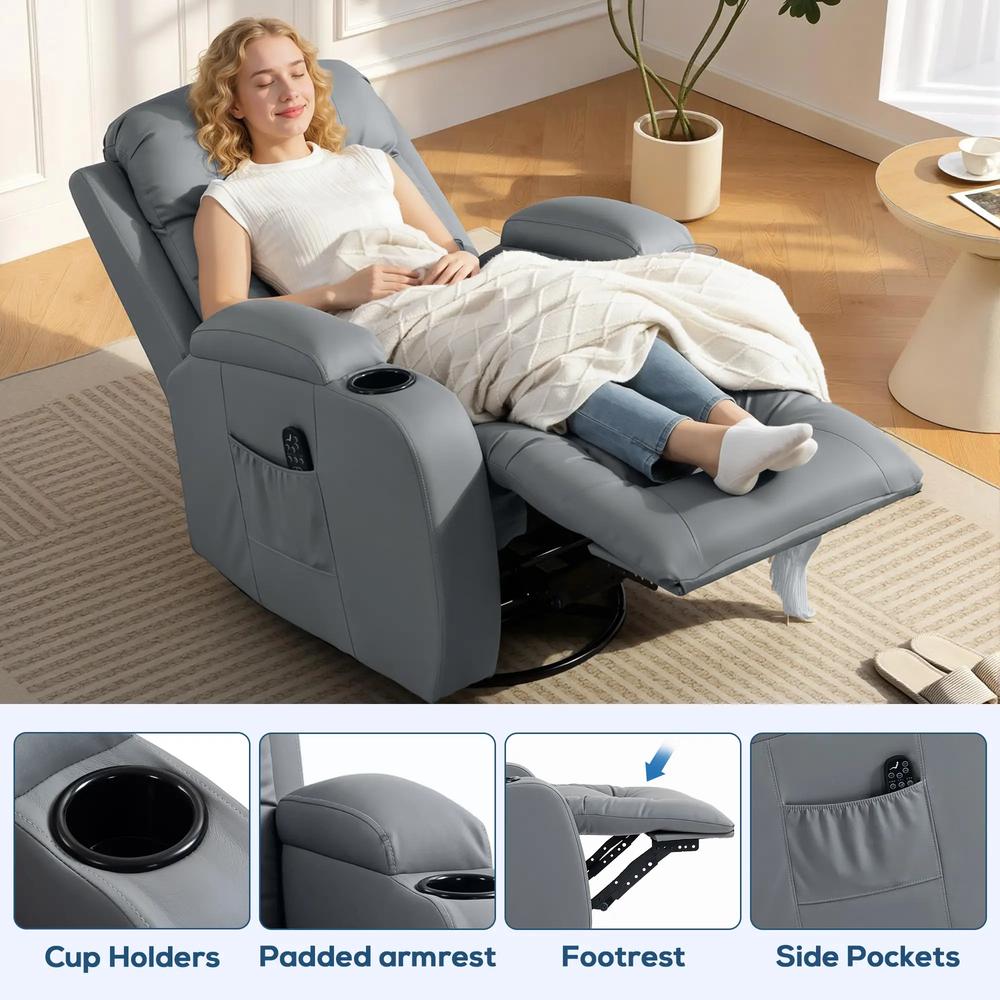 HOMCOM Massage Recliner Armchair, PU Leather Recliner Chair, Grey Additional View 7
