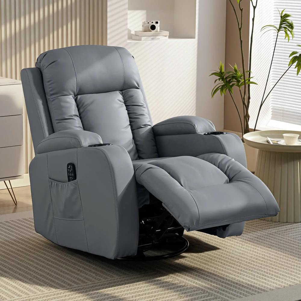 HOMCOM Massage Recliner Armchair, PU Leather Recliner Chair, Grey Additional View 8