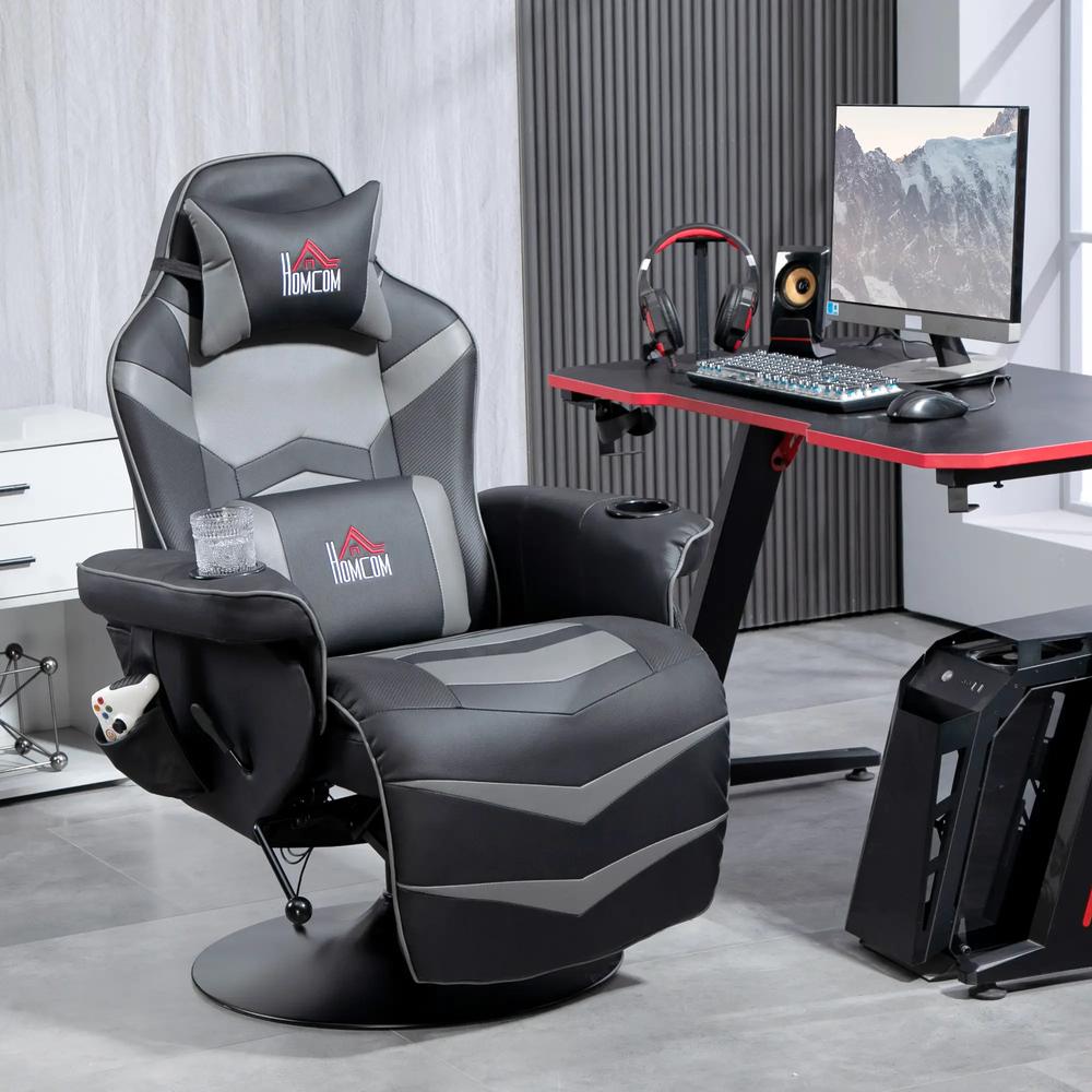 HOMCOM Small Leather Massage Recliner Chair with Ergonomic High Back Retractable Footrest Headrest Work Break Grey Additional View 11