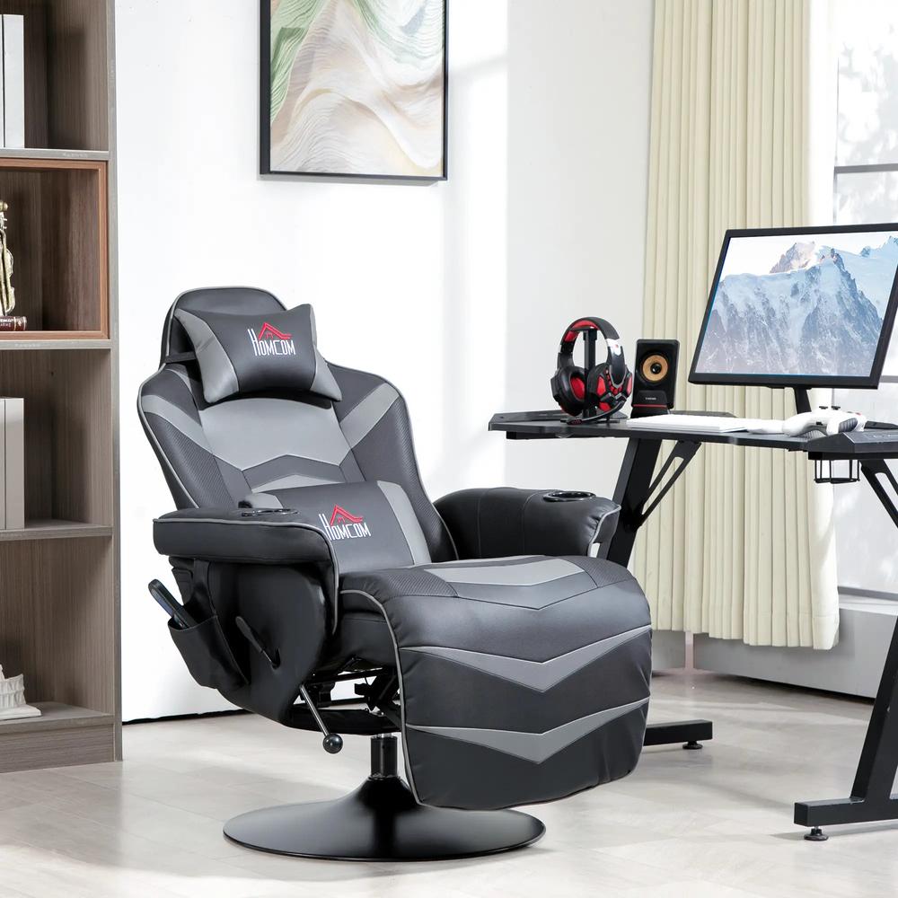HOMCOM Small Leather Massage Recliner Chair with Ergonomic High Back Retractable Footrest Headrest Work Break Grey Additional View 2
