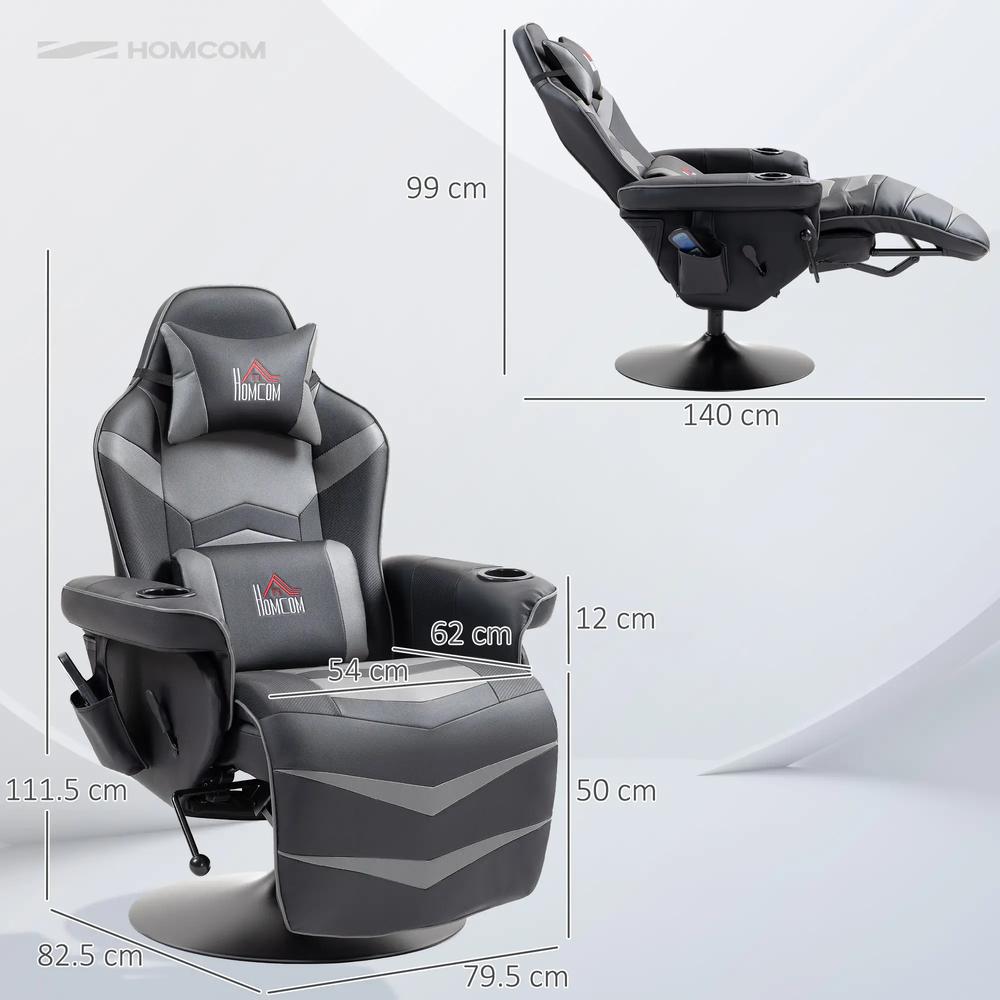 HOMCOM Small Leather Massage Recliner Chair with Ergonomic High Back Retractable Footrest Headrest Work Break Grey Additional View 3